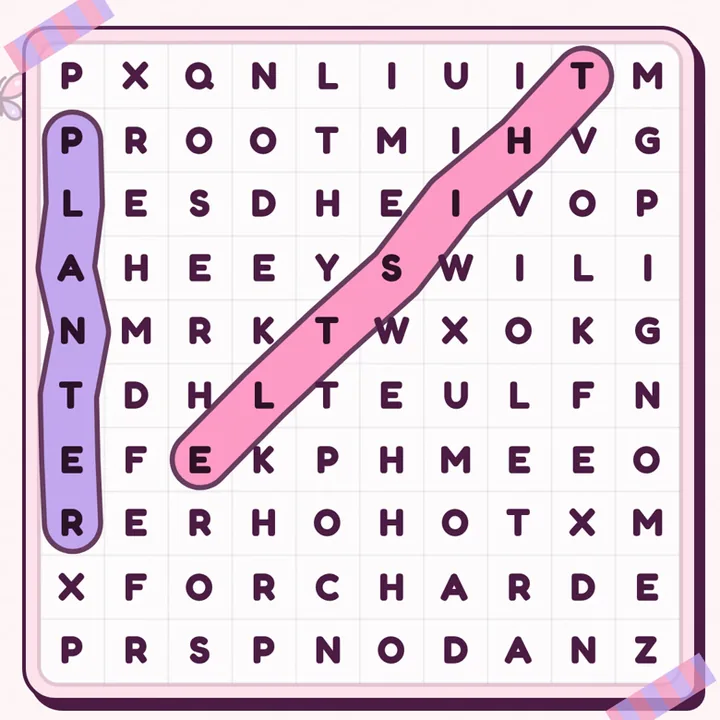 A NhakoSearch board with found words circled in pink and lavender
